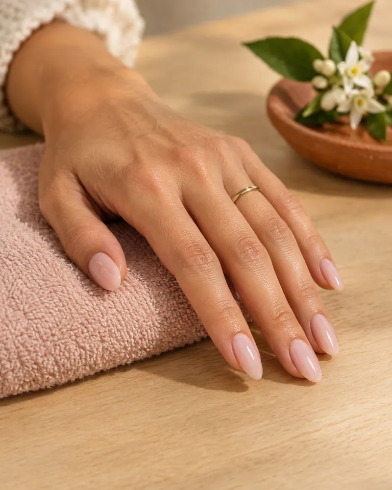 Unhas de gel amendoadas em rosa suave na mão de uma cliente